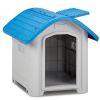 28 inch Raised Plastic Dog House, Outdoor Indoor Doghouse Pet House with Adjustable Sunroof and Elevated Base for Small Dogs, Blue & White