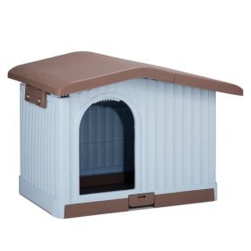 34 inch Large Plastic Dog House with Liftable Roof, Indoor Outdoor Doghouse Puppy Shelter with Detachable Base and Adjustable Bar Window