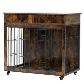 Dog Crate Furniture, Wooden Dog Crate End Table, 38.4 Inch Dog Kennel with 2 Drawers Storage, Heavy Duty Dog Crate