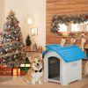 28 inch Raised Plastic Dog House, Outdoor Indoor Doghouse Pet House with Adjustable Sunroof and Elevated Base for Small Dogs, Blue & White