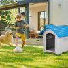 28 inch Raised Plastic Dog House, Outdoor Indoor Doghouse Pet House with Adjustable Sunroof and Elevated Base for Small Dogs, Blue & White