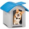 28 inch Raised Plastic Dog House, Outdoor Indoor Doghouse Pet House with Adjustable Sunroof and Elevated Base for Small Dogs, Blue & White