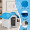 28 inch Raised Plastic Dog House, Outdoor Indoor Doghouse Pet House with Adjustable Sunroof and Elevated Base for Small Dogs, Blue & White