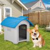 28 inch Raised Plastic Dog House, Outdoor Indoor Doghouse Pet House with Adjustable Sunroof and Elevated Base for Small Dogs, Blue & White