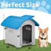 28 inch Raised Plastic Dog House, Outdoor Indoor Doghouse Pet House with Adjustable Sunroof and Elevated Base for Small Dogs, Blue & White