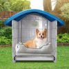 28 inch Raised Plastic Dog House, Outdoor Indoor Doghouse Pet House with Adjustable Sunroof and Elevated Base for Small Dogs, Blue & White