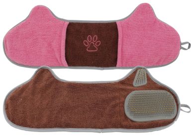 Pet Life 'Dryer' 2-in-1 Hand-Inserted Microfiber Pet Grooming Towel and Brush (Color: Brown / Pink)